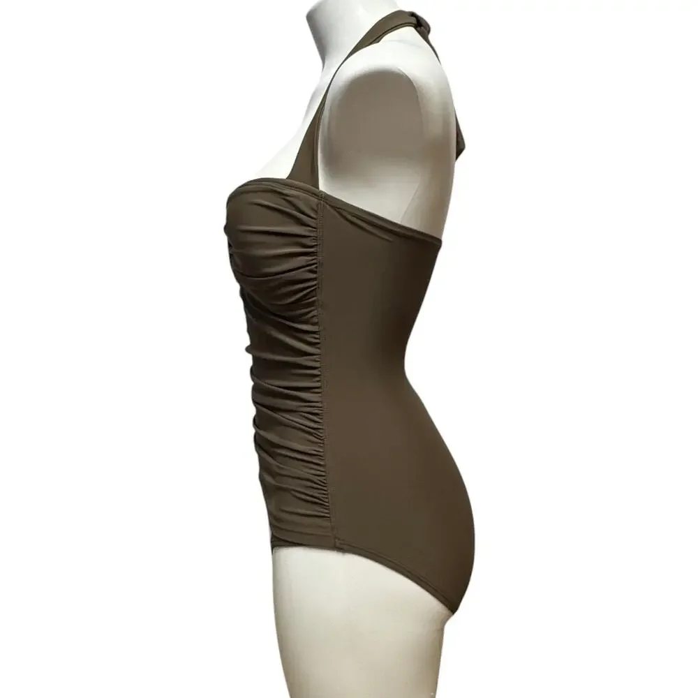 Tommy Bahama Relax Ruched Halter One Piece Swimsuit Beige Brown 8